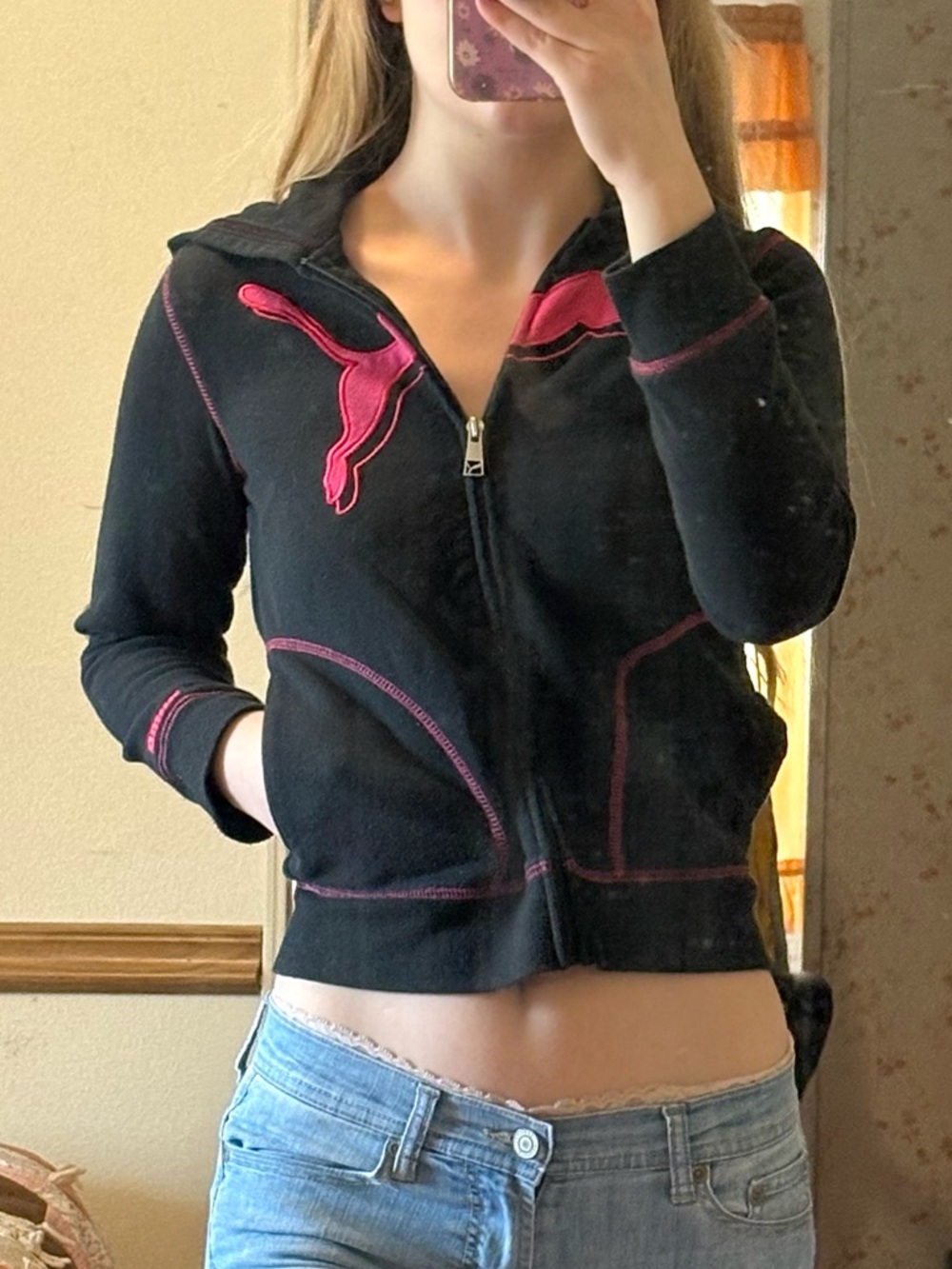 Vtg Y2K Puma Black Pink Zip Hoodie Jacket